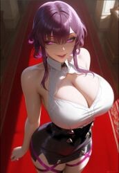 1girls backless_outfit breasts dress female honkai:_star_rail honkai_(series) huge_breasts kafka_(honkai:_star_rail) naughty_face purple_eyes purple_hair red_carpet smile thighs