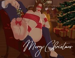 1boy1girl 2024 antlers balls blindfold bondage breasts brown_hair christmas christmas_tree clothed_male_nude_female cmnf feet female_feet fireplace foot_fetish ijwt_art indoors mistletoe no_visible_genitalia nude nude_female presents red_ball_gag red_toenails toenail_polish toes_tied