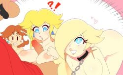 1boy 3girls blonde_female blonde_hair boobjob chain_leash chin earrings ejaculation ejaculation_between_breasts female heart-shaped_pupils male mario mario_(series) naked nintendo princess_daisy princess_peach princess_rosalina royalty super_mario_bros.