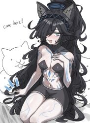 big_breasts black_hair blue_eyes cat_ears ebora embarrassed feline huge_thighs kasli_the_bane long_hair navel ponytail stuffed_toy the_battle_cats thighs