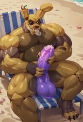 1boy abs ai_generated anthro balls bara beach big_penis civitai erection five_nights_at_freddy's five_nights_at_freddy's_3 fnaf furry furry_male large_penis looking_at_viewer male male_focus male_only masturbation mature mature_anthro mature_male muscular muscular_anthro muscular_male navel nipples nude nudity outdoors pectorals penis precum rabbit sand sharp_teeth sitting solo springtrap springtrap_(fnaf) sunglasses teeth testicles thick_thighs thighs uncensored veins yellow_body