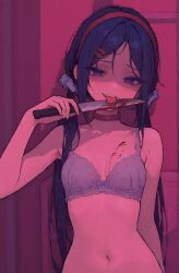 blood blood_on_breasts blue_eyes blue_hair bra breasts choker female female_only hairband horror horror_(theme) knife licking_blood looking_at_viewer miside mita_(miside) scary tongue twintails yandere