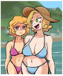 2girls alicia_(fnafhs) ann_chica_(fnafhs) artist_request big_breasts bikini blonde_hair chica's_mom_(fnafhs) embarrassed embarrassed_female fhs fhsz3r0 fnafhs fnafhs_z3ro fnafhsrule34 green_eyes long_hair mama_de_chica_(fnafhs) meme milf mother_and_daughter mother_daughter_boob_envy_(meme) outdoors purple_eyes smiling tagme