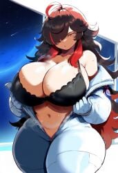 ai_generated amber_eyes ameanon big_breasts dark_hair female sorceress sorceress_sophia space space_clothes thick_ass thick_thighs two_tone_hair villainess witch