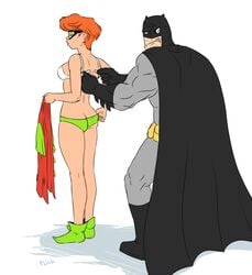 1boy 1girls ass back batman bra breasts bruce_wayne cape carrie_kelley clothes clothing dc dc_comics female flick footwear green-tinted_eyewear green_panties human male panties robin_(carrie_kelley) robin_(dc) sunglasses the_dark_knight_returns tinted_eyewear underwear visor