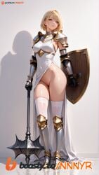 1girls ai_generated armor armored_boots armored_dress armored_female armored_gloves blonde_hair golden_eyes looking_at_viewer mace nnnyr original_character paladin shield short_hair solo stable_diffusion standing visible_pussy yellow_eyes