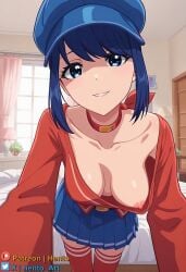 1girls accidental_exposure blue_eyes blue_hair cappie_(miside) hat hento indoors leaning_forward looking_at_viewer medium_breasts miside mita_(miside) nipples pov