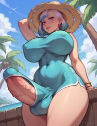 1futa ai_generated bulge dickgirl erection esendor fat_cock futanari hat huge_breasts huge_cock huge_cock looking_at_viewer massive_breasts massive_penis round_breasts solo stable_diffusion summer testicles thick thick_penis two_tone_hair wide_hips