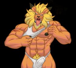 abs bandai_namco blonde_hair blue_eyes bodily_fluids bulge clothing digimon digimon_(species) drooling ear_piercing genital_outline genitals hair hi_res kenailykos leomon looking_at_viewer male male_only mane muscular navel nipples pecs penis penis_outline piercing pubes saliva shirt solo tank_top tongue tongue_out topwear underwear