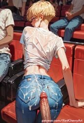 ai_generated blonde_hair cinema cum_on_self femboy movie_theater redcherryart twink veiny_penis