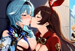 1boy 2girls aether_(genshin_impact) ai_generated amber_(genshin_impact) backless_outfit blush breast_grab breasts breasts_out eula_(genshin_impact) genshin_impact half-closed_eyes hidden kissing lesbian_kiss medium_breasts nipples saliva shiny_skin shocked stealth tongue tongue_kiss yuri yuri