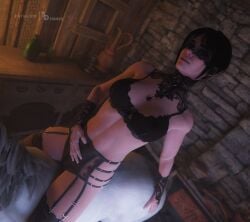 3d1viner black_hair bra breasts female garter_belt garter_straps light-skinned_female lingerie looking_at_viewer nipples_visible_through_clothing pubic_hair purple_eyes solo stockings the_witcher_(series) the_witcher_3:_wild_hunt transparent_clothing unicorn yennefer