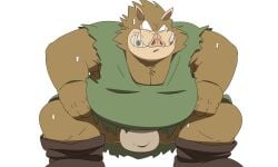 2025 absurd_res anthro bodily_fluids brown_body bulge clothing dragon_quest eto1212 hi_res kemono male mammal orc_(dragon_quest) overweight overweight_male simple_background solo square_enix suid suine sus_(pig) sweat underwear white_background wild_boar