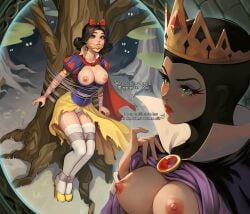 2girls black_hair breasts_out brown_eyes disney disney_princess erect_nipples gagged green_eyes magic_mirror medium_hair saneperson snow_white_(disney) snow_white_and_the_seven_dwarfs stockings the_evil_queen tied_to_table tied_up torn_skirt