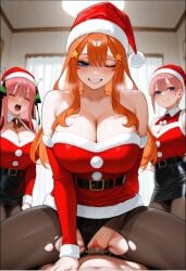 5girls ai_generated breasts christmas christmas_hat christmas_headwear cowgirl_position go-toubun_no_hanayome nakano_ichika nakano_itsuki nakano_miku nakano_nino nakano_yotsuba one_eye_closed orange_hair panties_aside pink_hair shimaidon sisters torn_pantyhose twins vaginal_penetration