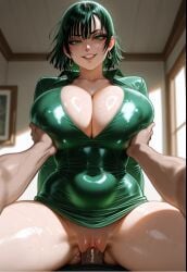 1boy1girl ai_generated belly big_breasts big_penis big_thighs black_hair breast_grab breasts dress female front_view fubuki_(one-punch_man) grabbing green_dress green_eyes green_hair hips huge_breasts latex light_skin lips milf naked oiled one-punch_man penis pov pussy pussy_juice riding sex short_hair sitting smile wide_hips