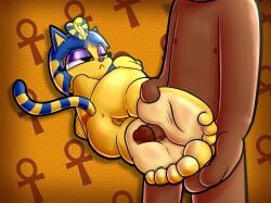 5_toes absurd_res animal_crossing ankha ankha_(animal_crossing) annoyed anthro anus ass baggy_(artist) barefoot big_feet blue_hair bored bored_sex dark-skinned_male digital_media_(artwork) domestic_cat duo egyptian feet felid feline felis female foot_fetish foot_focus foot_play footjob fur genitals hair hi_res human humanoid humanoid_feet interspecies male male/female mammal nintendo nude penile penis plantigrade sex simple_background soles stripes tail toes yellow_body