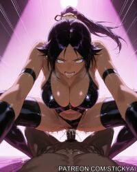 1girls ai_generated anime blacked bleach breasts cum dominatrix drooling fat_ass fit golden_eyes interracial long_hair motion_lines nsfw pounding purple_hair sex shihouin_yoruichi speed_lines vaginal_penetration yellow_eyes