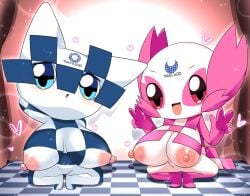 2020_tokyo_olympics 2girls ambiguous_gender big_breasts blue_eyes breasts cape lets0020 mascot miraitowa olympics someity tagme