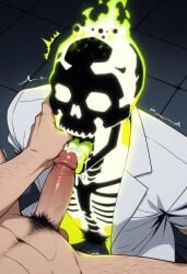 ai_art ai_generated balls blowjob cum cum_in_tongue dr_phosphorus finger_in_mouth fingers glowing labcoat male_only nickhoult open_mouth penis_on_tongue pubic_hair skeleton