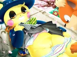 anthro clothes color female fur furry g-sun growlithe interspecies outdoors pichu pokemon pokemon_(species) tagme vulva