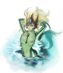 adjusting_hair arms_behind_head artist_name between_breasts black_sclera blonde_hair breasts female female_only fish_tail gem highres jadenplum jewelry_between_breasts league_of_legends lips long_hair looking_at_viewer marai mermaid monster_girl nami_(league_of_legends) navel nipples orange_eyes partially_submerged scales solo water wet