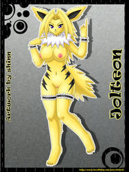 4_toes 5_fingers anthro barefoot black_fur black_nose breasts claws closed_mouth color eeveelution female female_only front_view fur furry furry_breasts furry_ears furry_tail gijinka hair humanized humanoid jolteon long_hair looking_at_viewer nintendo nipples nude on_one_foot open_eyes pink_nipples pointing pointy_ears pokemon pokemon_(species) purple_eyes shinn smile solo species_name tail vulva yellow_fur yellow_hair