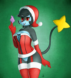 alexis_(character) anthro atherol black_fur black_hair blue_fur bow breasts bridal_gauntlets christmas clitoris clothing condom fur girdle hair hat holidays humanoid legwear lingerie looking_at_viewer luxray nintendo no_humans non-human non-human_only open_mouth pokemon pokemon_(species) pussy red_eyes santa_hat stockings tongue video_games yellow_sclera