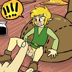 1boy blonde_hair link male male_only miniboy penis pointy_ears poking sitting size_difference sottocolle the_legend_of_zelda uncensored