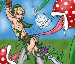 anal ass crossover insertion light-skinned_male link link_(ocarina_of_time) lollicock male malesub mario_(series) navi nintendo ocarina_of_time open_mouth penetration piranha_plant restrained sword tentacle_on_male tentacles_on_male the_legend_of_zelda tongue tongue_out weapon