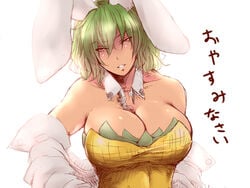 1girls animal_ears big_breasts breasts bunny_ears bunnysuit buttons caption cleavage female female_focus female_only green_hair highres leaf leaves leotard looking_at_viewer presenting_breasts red_eyes removing_clothing short_hair simple_background sole_female solo solo_female solo_focus tan tan_body tan_skin tanned tanned_skin text tobisawa touhou undressing white_background white_shirt yuka_kazami