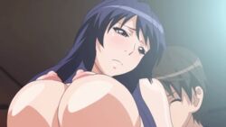 1boy animated blue_hair blush bouncing_breasts breasts cousins female higashide_kei huge_breasts incest large_breasts long_hair looking_back moaning nee_summer! nipples sex takeuchi_yuuta