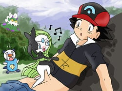 2girls ash_ketchum female fur furry human male meloetta oshawott pokemon pokemon_(species) pokephilia satoshi_(pokemon) straight tornadus vaginal_penetration