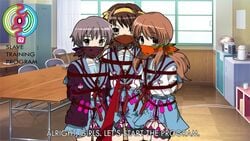 3girls asahina_mikuru bondage bound clothing collar crotch_rope egg_vibrator female female_focus fully_clothed gag gagged kidnapped leash multiple_girls multiple_subs multiple_views nagato_yuki nipple_vibrator raydo94 rope sex_toys skirt slave suzumiya_haruhi suzumiya_haruhi_no_yuuutsu tape too_many_vibrators vibrator