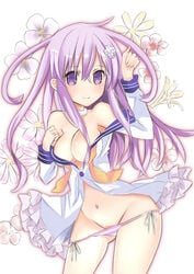 breasts cleavage female mikan_no_shiru nepgear neptunia_(series) no_bra open_clothes open_shirt panties panty_pull purple_eyes purple_hair purple_panties side-tie_panties underwear