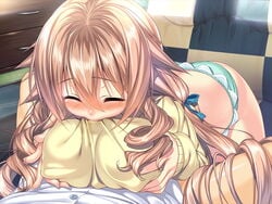 amakano aqua_panties blush breasts brown_hair bulge closed_eyes drill_hair erect_nipples fellatio female game_cg hoshikawa_koharu large_breasts long_hair male oral outercourse paizuri paizuri_under_clothes panties penis piromizu straight sweater underwear