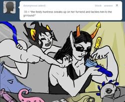 1boy 1girls :3 animated ass black_hair breasts dildo equius_zahhak female gif glasses grey_background grey_skin homestuck horns long_hair ms_paint_adventures naked nepeta_leijon nipples pointy_ears pounce robotic screwdriver short_hair straight sunglasses tackle tail tank_top text troll