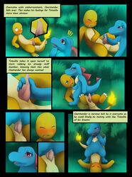 blush charmander color comic cowgirl_position darkmirage female fire handjob interspecies male nintendo outdoors pokémon_(species) pokemon pokemon_gsc pokemon_rgby sex straight tail tail_fire text totodile vaginal_penetration