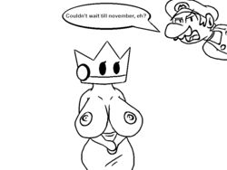 1boy 1girls anthro big_breasts breasts cap clothed_male_nude_female crown earrings female half-closed_eyes half_nude huge_breasts kersti large_breasts line_art looking_at_viewer male mario mario_(series) mouthless mustache nintendo nipples open_mouth paper_mario paper_mario:_sticker_star sirserial skirt speech_bubble text topless wide_hips