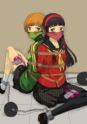 2girls amagi_yukiko arms_behind_back back_to_back ball_and_chain blush bondage bound bound_together clothing crotch_rope egg_vibrator femsub forced_orgasm fully_clothed gag gagged kidnapped multiple_girls multiple_subs persona persona_4 raydo94 rope satonaka_chie skirt stockings tape tears tied_up vibrator vibrator_taped_to_leg vibrator_under_clothes