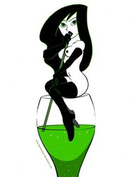 black_hair breasts cup disney drink female female_only grummancat human kim_possible looking_at_viewer mostly_nude nipples shego sitting solo straw tagme white_background white_skin