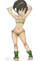 1girls anklewear arms_up avatar_the_last_airbender bikini blind female female_only fluffy_(artist) headwear human nipples see-through see-through_swimsuit small_breasts solo straight_hair swimsuit tagme toph_bei_fong wristwear young