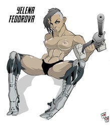 areolae blackmagog breasts colored cyborg dark-skinned_female dark_skin deus_ex female green_eyes gun human_revolution large_breasts mohawk muscles muscular_female nipples panties pistol solo topless weapon weights yelena_fedorova