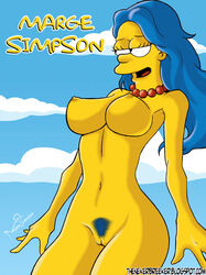 blue_hair breasts color exposed_breasts eyes female hair hair_down human kikebrikex long_hair marge_simpson mouth necklace nekerbreeker nipples nudity open_eyes open_mouth outdoors pearl_necklace pubic_hair skin solo standing straight_hair the_simpsons uncensored vulva yellow_skin