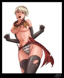 blue_striped_panties breasts diablo grey_hair long_gloves monk monk_(diablo) nipples rebell stockings striped_panties tagme torn_clothes