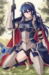 1girls alternate_costume armor axe black_leotard black_panties black_underwear blue_cape blue_eyes blue_hair breastplate cape closed_mouth doiparuni faulds female female_only fire_emblem fire_emblem_awakening fire_emblem_heroes highres holding holding_axe leotard long_hair looking_at_viewer lucina_(fate's_resolve)_(fire_emblem) lucina_(fire_emblem) nintendo official_alternate_costume outdoors panties red_cape smile solo symbol_in_eye thighs tiara underwear