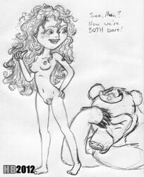 barefoot bear black_bear brave completely_nude disney disney_princess feet hentai_boy merida monochrome naked nipples nude pixar pussy queen_elinor rough_sketch tagme