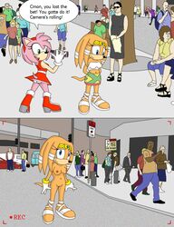 2girls 3pac amy_rose camera color echidna exhibitionism female fur furry hedgehog human interspecies lost_bet male multiple_females multiple_males onlookers passenger public public_nudity recording sonic_(series) sonic_team tikal_the_echidna