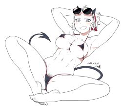 1girls armpits arms_behind_head arms_up bikini blind demon demon_girl demon_horns demon_tail grin hairy_pussy helltaker horns justice_(helltaker) large_breasts monochrome pubic_hair solo spread_legs sunglasses sunglasses_on_head swimsuit tagme tail tsukudani_(coke-buta) tukudani