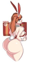 1girls ass asuka_langley_sohryu bare_shoulders big_ass big_butt blue_eyes breasts bunny_ears bunny_tail bunnysuit cleavage clothed clothing female female_only large_ass looking_back neon_genesis_evangelion onaeane orange_hair red_head simple_background solo solo_female standing